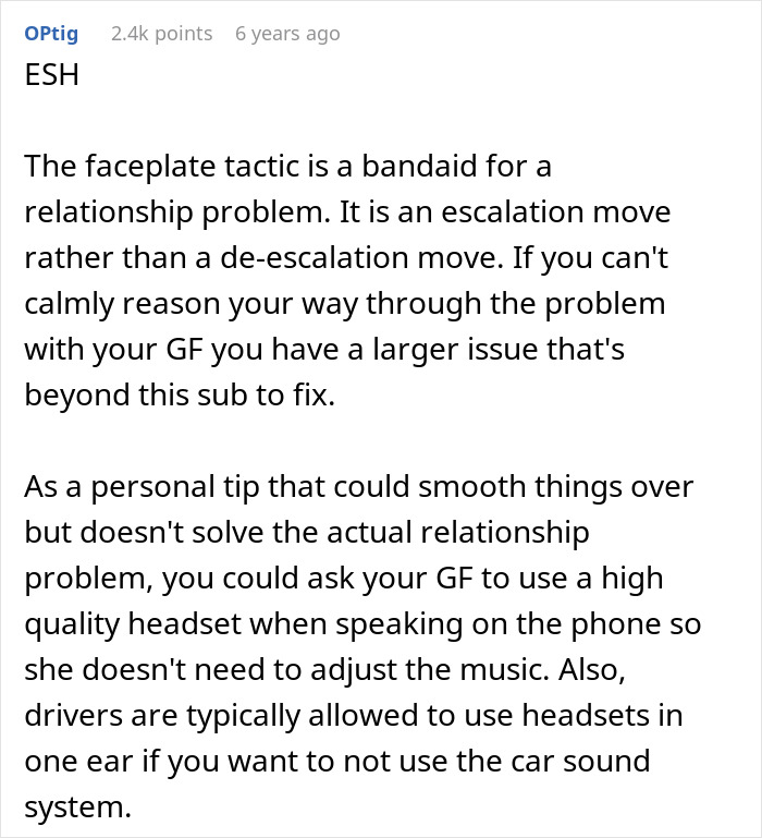 Text post discussing partner faceplate tactic with annoyed girlfriend and muting music as a temporary relationship solution.