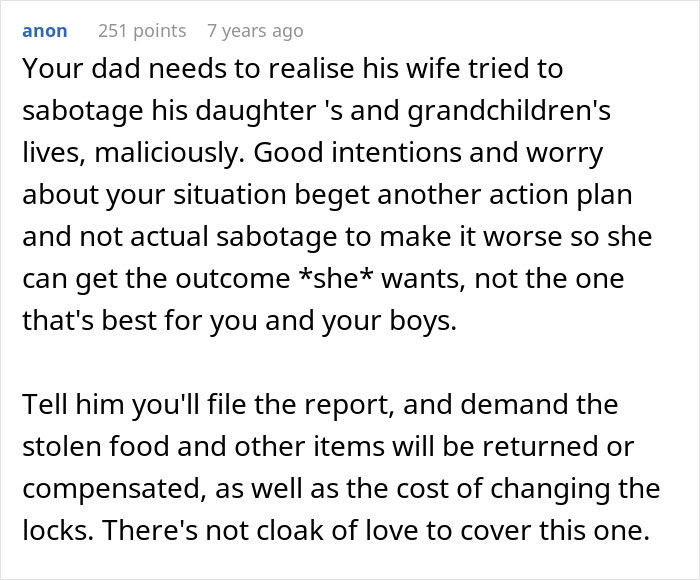 Screenshot of an online comment discussing suspicion of food theft by a step-mom leading to potential CPS involvement.