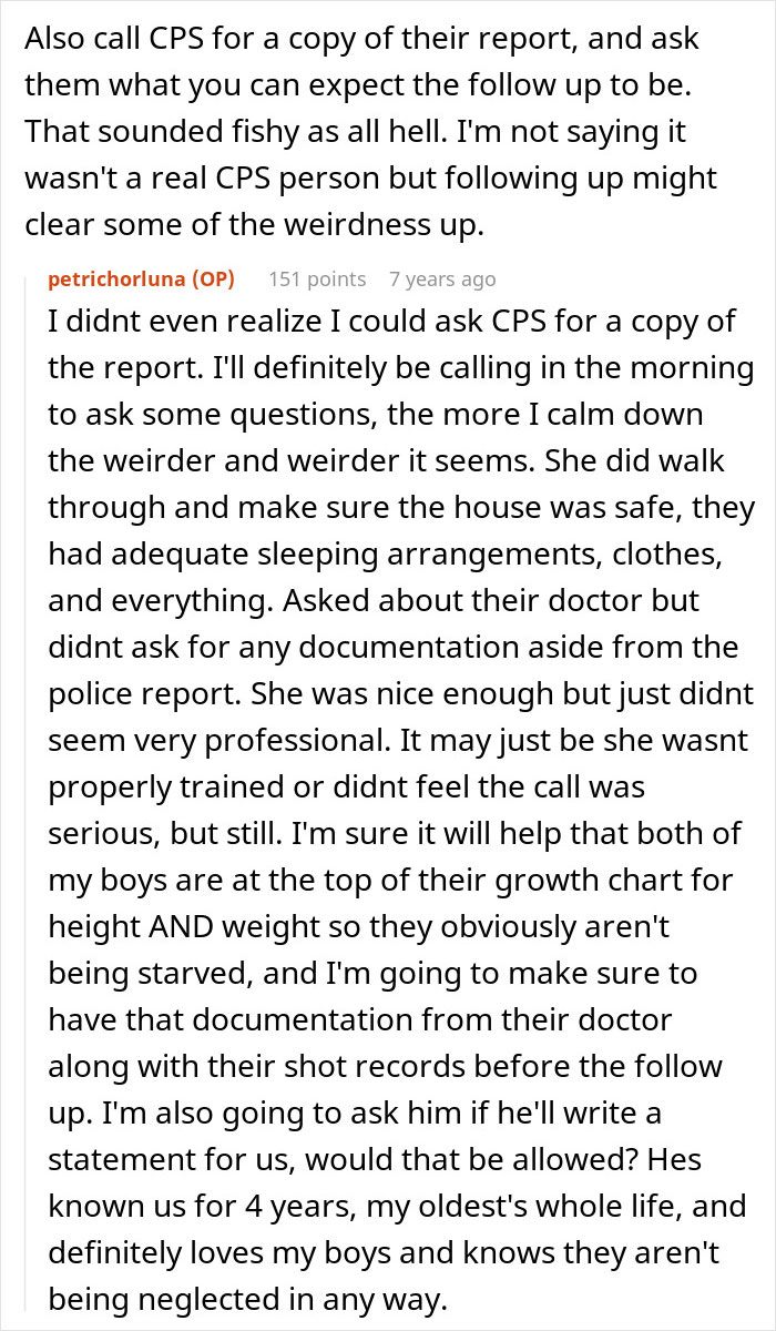 Text conversation discussing concerns about a CPS visit related to suspected food theft by a step-mom.