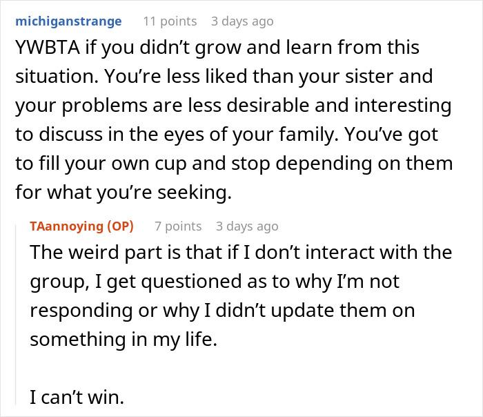 Text conversation about family dynamics where mom doesn't let sister have a conversation without mentioning her kids repeatedly.