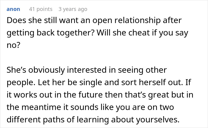 Comment discussing a woman suggesting an open relationship and the man immediately breaking up with her.