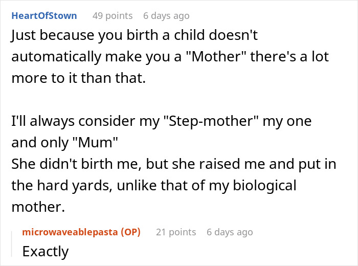Reddit comment discussing birth mom and stepmother roles, highlighting adoptee's perspective on DNA and cash claims.