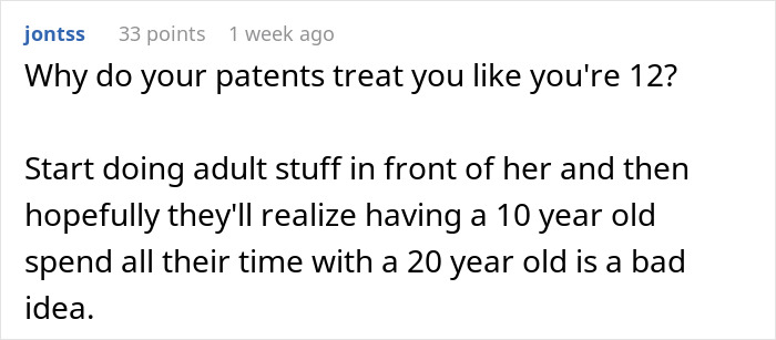 Comment about parenting drama showing frustration over how parents treat their child, highlighting sister-family-parenting-drama issues.