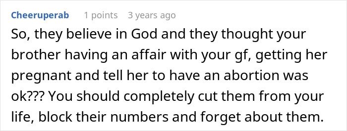 Comment discussing family asking for a kidney despite past betrayals, suggesting cutting off contact completely.