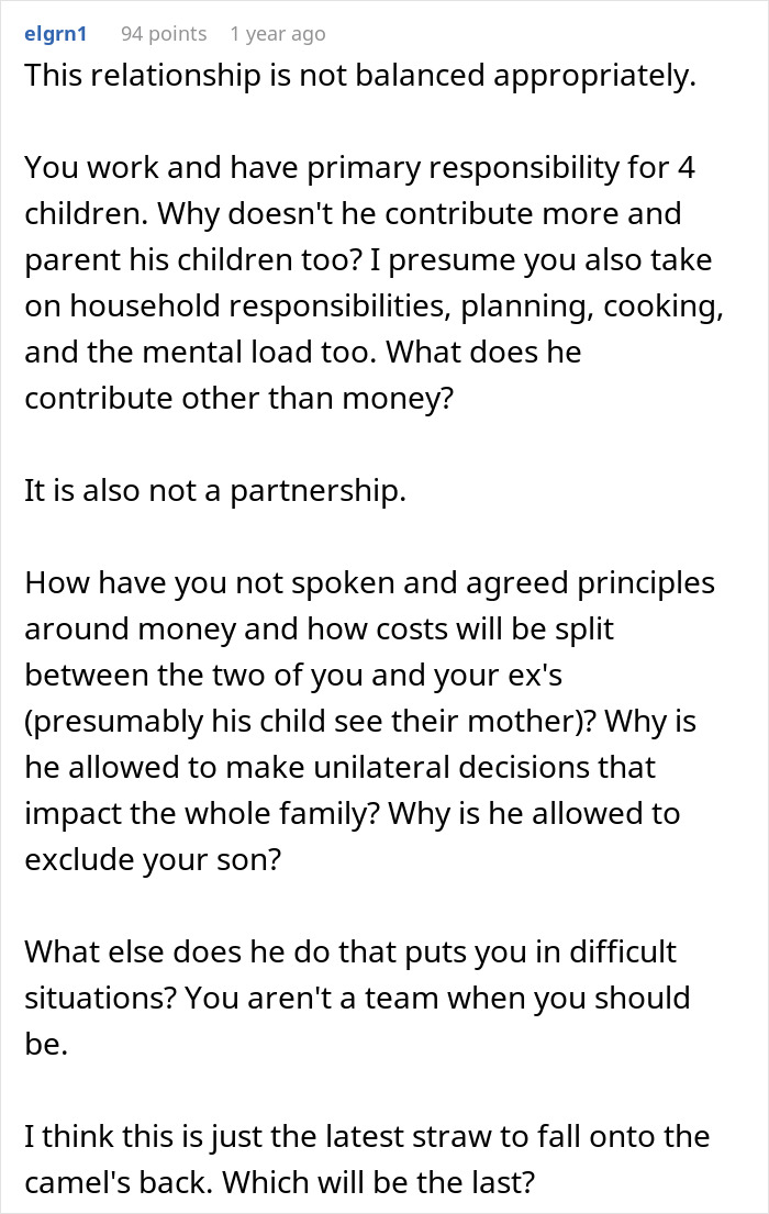 Comment text discussing unfair relationship dynamics and financial imbalance involving a partner&rsquo;s lack of contribution and exclusion of son.
