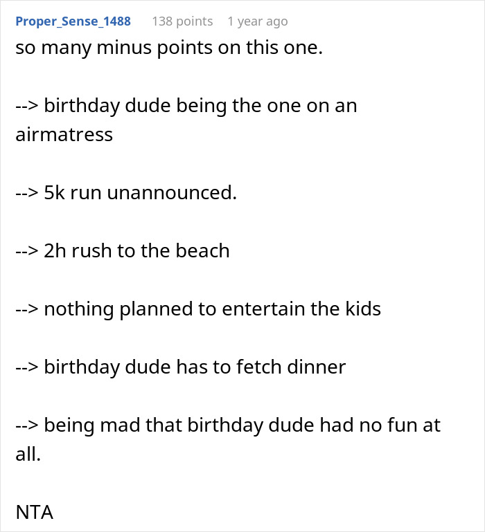 Comment thread discussing husband&rsquo;s chaotic 36th birthday with toddlers, tiny cabin, and unexpected 5K run challenges.