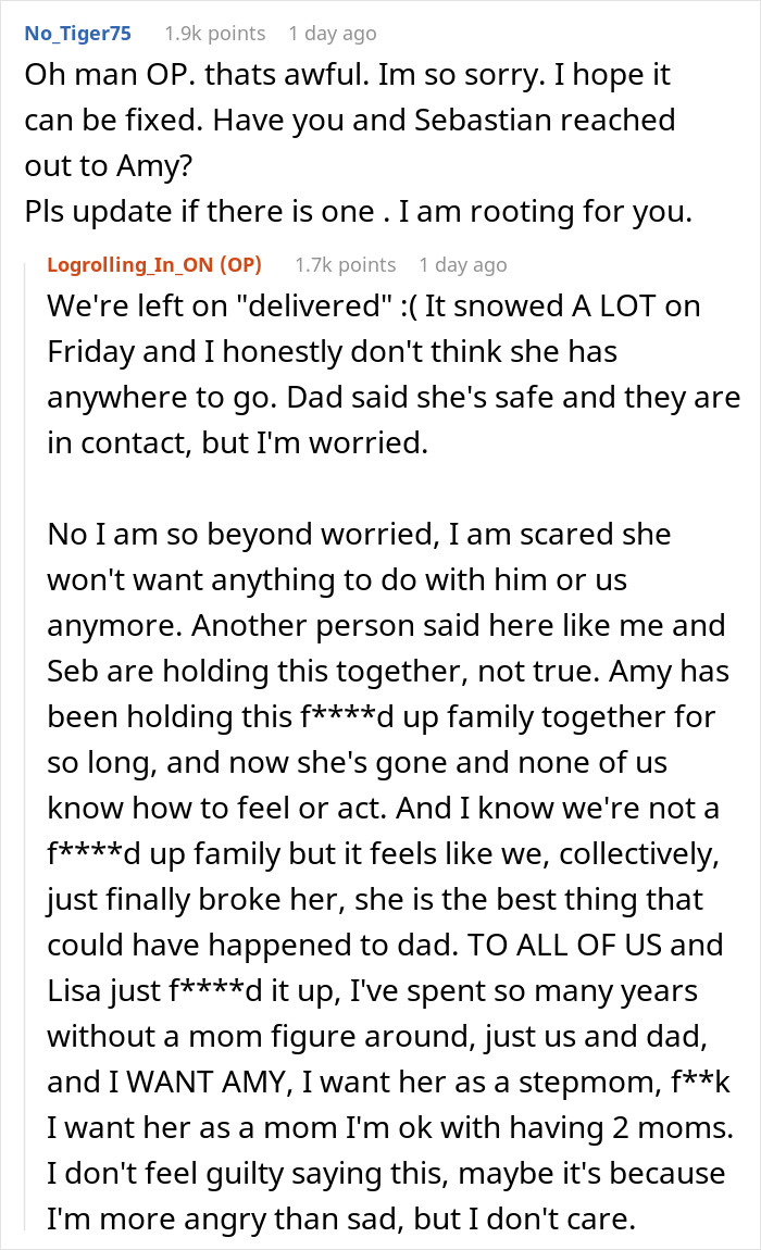 Text conversation about a widowed dad finding love again while his teen daughter's jealousy impacts their family dynamics.