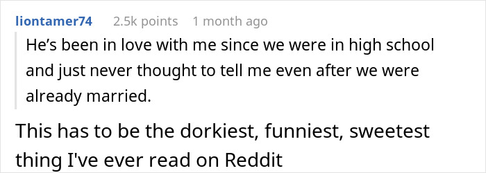 Screenshot of a Reddit comment about a woman marrying her high school bestie and falling hard after his cheeky surprises.