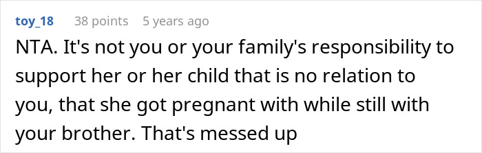 Screenshot of a Reddit comment discussing a woman realizing her late brother&rsquo;s baby isn&rsquo;t his after testing suspicions.
