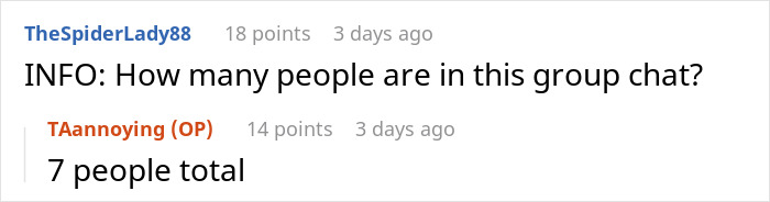 Screenshot of a group chat discussing the number of participants with a user mentioning mom not letting sister have privacy.