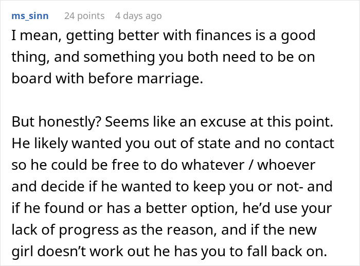 Comment discussing a boyfriend giving girlfriend time to fix finances before deciding on marriage.