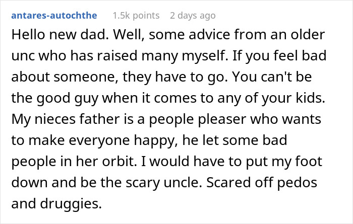 Reddit comment from a dad giving advice on protecting his baby from harmful people and handling creepy behavior.