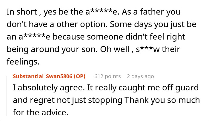 Screenshot of online discussion about a father setting boundaries to protect his autistic baby from a friend's creepy comment.