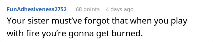 Screenshot of a comment about a woman firing back after her sister insults her, causing a reaction from her husband and kids.