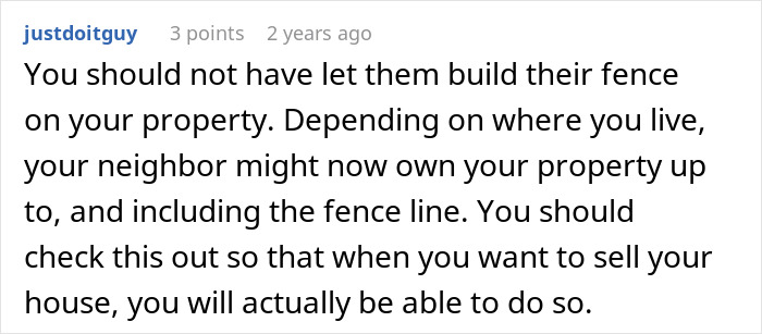 Screenshot of a forum comment discussing neighbors forcing a woman to trim a living hedge dividing properties.
