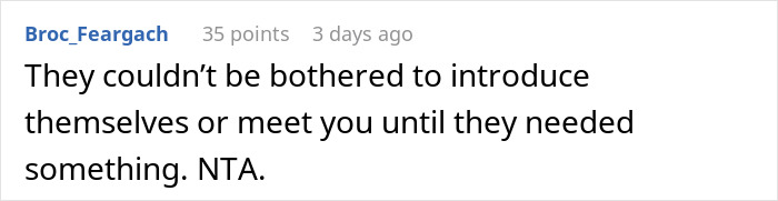 Comment discussing a woman refusing to lend her new snow blower to a neighbor she never met before.