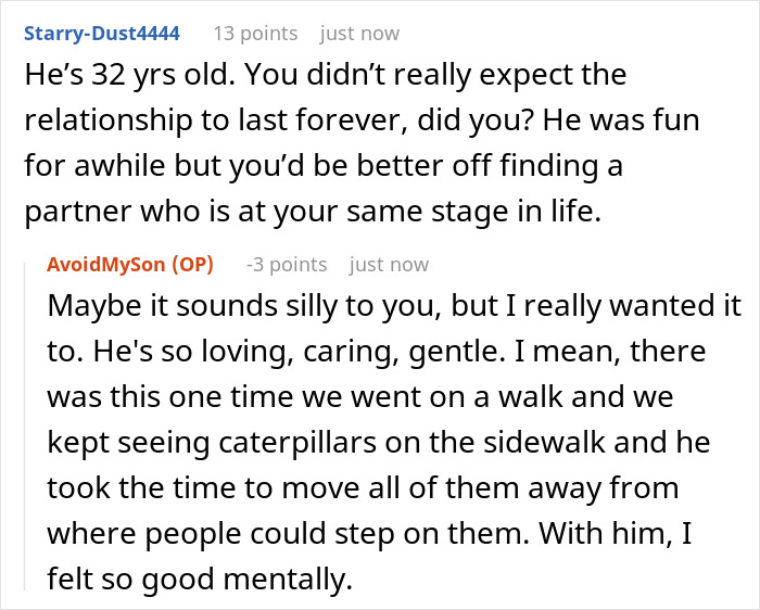 Reddit conversation discussing boyfriend breakup and new grandma drama with emotional and caring relationship reflections.