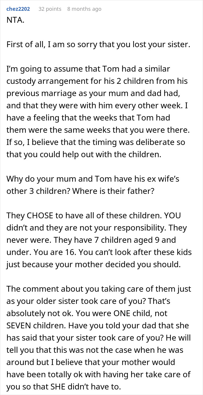 Commenter advising a teen overwhelmed by parenting seven kids at mom&rsquo;s house and feeling forced to run away.