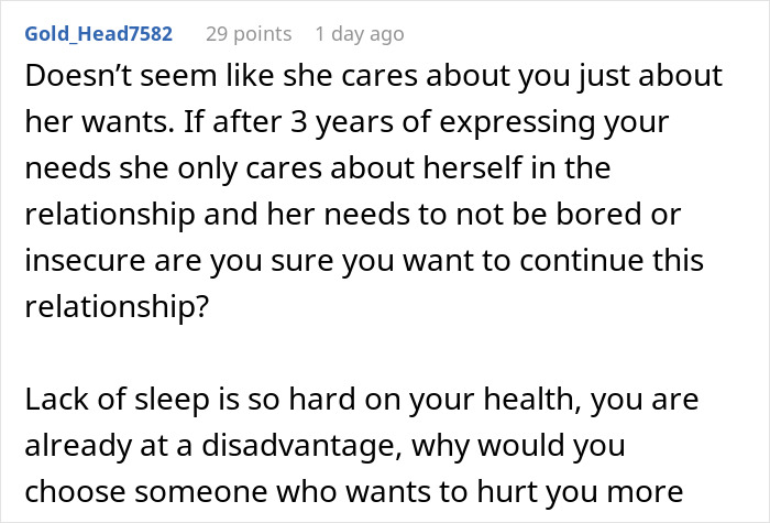 Comment on relationship and lack of sleep affecting health as woman keeps waking up boyfriend in normal couples behavior.