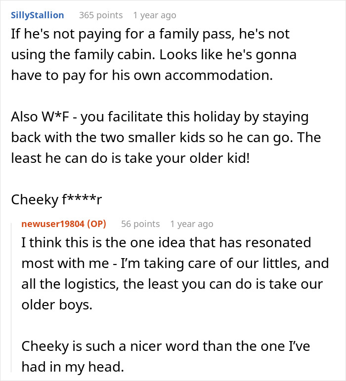 Reddit user comments discussing family ski pass issues and the impact of partner's higher salary on holiday arrangements.