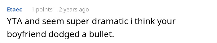 Screenshot of a comment discussing a woman telling her drunk boyfriend to stop acting like a jerk and his refusal.