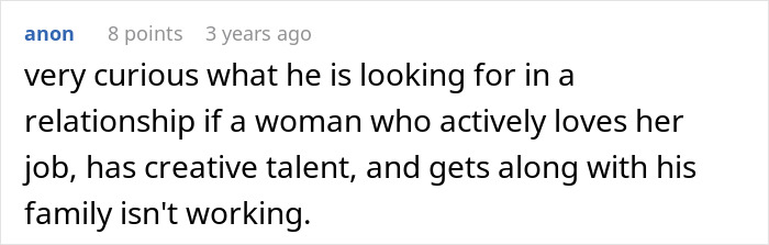 Screenshot of an online comment debating a relationship issue involving a man wanting his girlfriend to stop dressing like Ms. Frizzle.