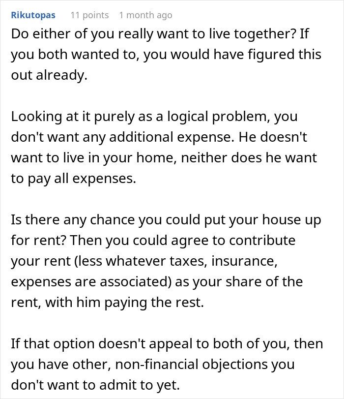 Comment discussing a man who wants to move in with his girlfriend but refuses to live in her apartment.