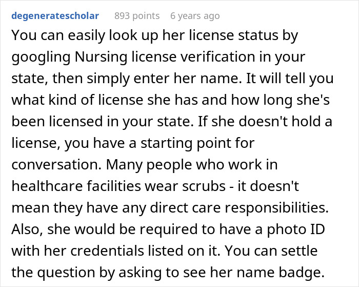 Text screenshot discussing how to verify a psychiatric nurse's license status and identification credentials online.