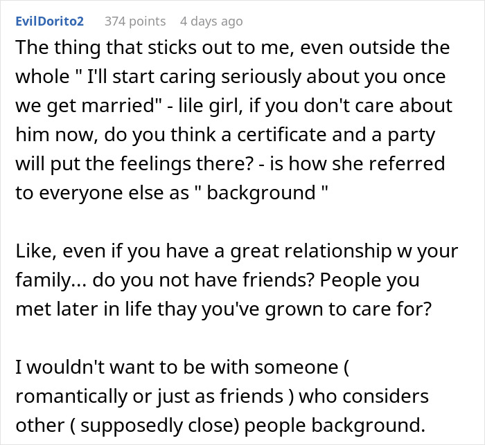 Comment discussing a woman confessing her fianc&eacute; is just background as he overhears the painful revelation.