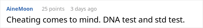 Commenter discussing concerns about cheating, mentioning DNA and STD testing in a relationship context.