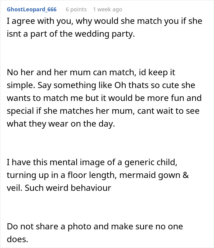 Screenshot of an online comment discussing an attention-seeking mom wanting to dress 3-year-old daughter in same dress as the bride.
