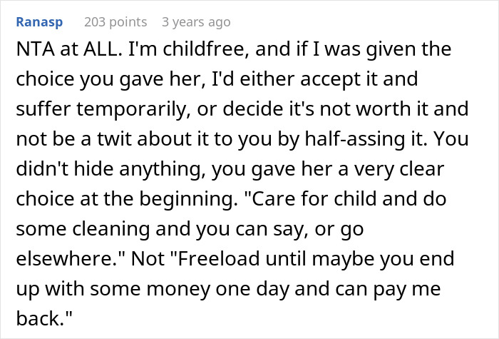ALT text: Online forum post discussing woman refusing to house sister due to babysitting and cleaning refusal, highlighting child-free choice.