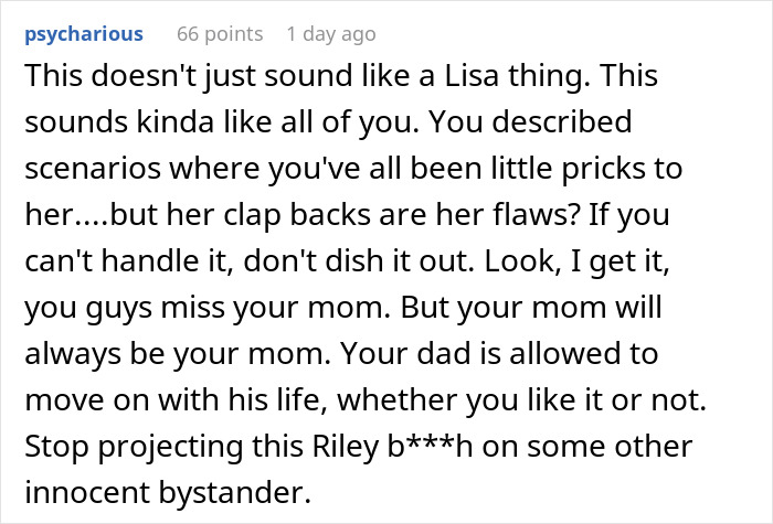 Comment discussing a widowed dad finding love again amid his teen daughter&rsquo;s jealousy and family tensions.