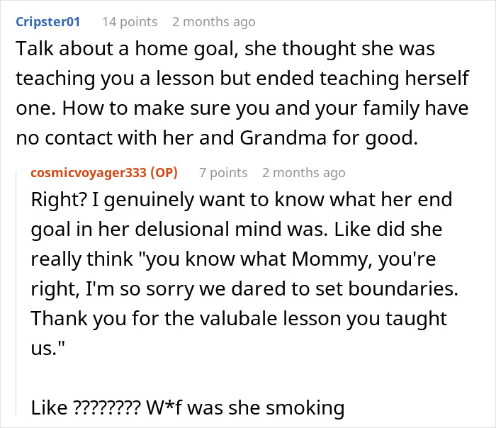 Screenshot of an online discussion about postpartum boundaries and conflict with a mother and family members.