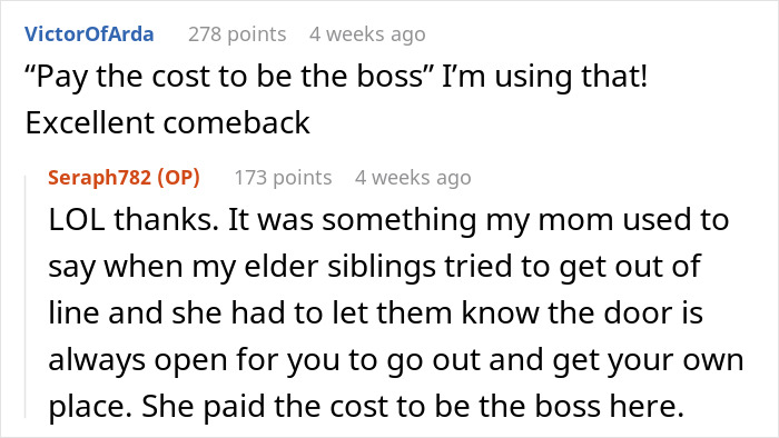 Screenshot of a Reddit comment thread discussing a comeback about paying the cost to be the boss and moral judgment.