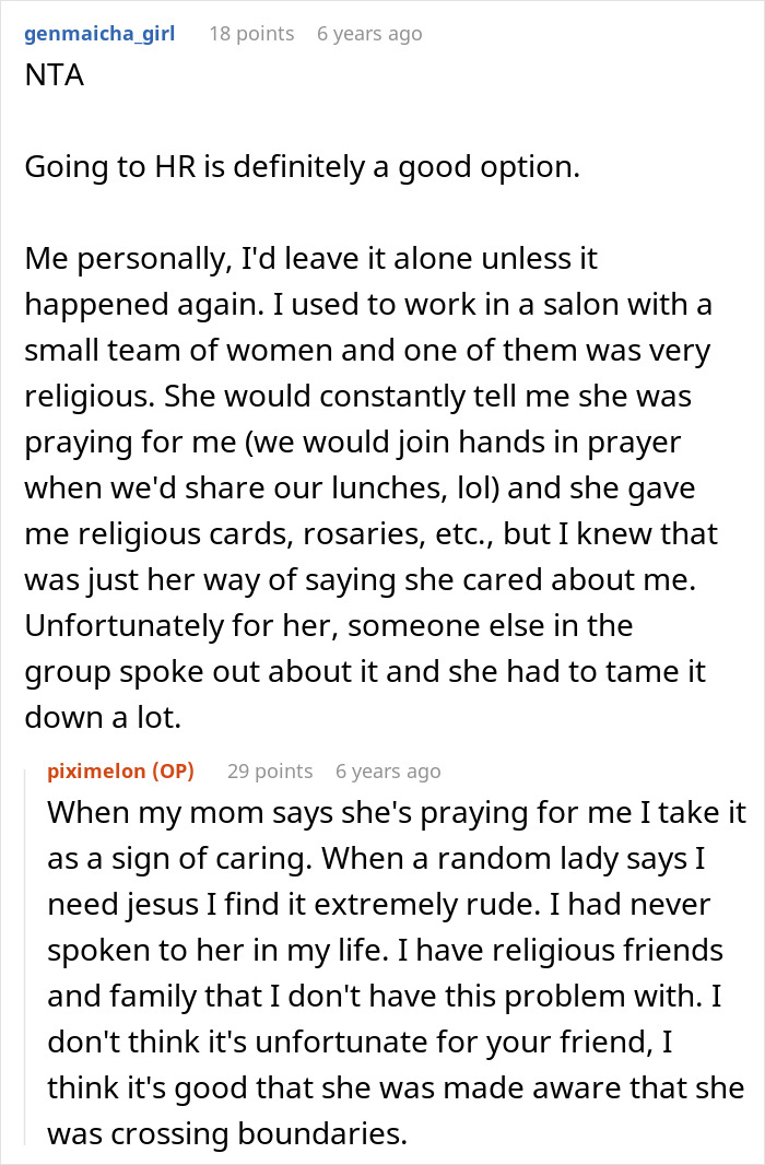 Screenshot of online discussion about coworker preaching about Jesus during meetings and whether HR can handle the holy drama.