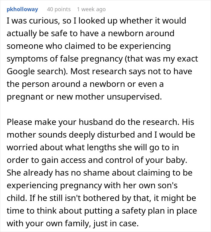 Comment discussing concerns about a pregnant woman uncomfortable with her mother-in-law's intrusive actions and behavior.