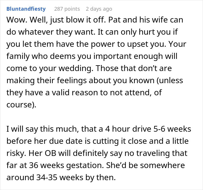 Reddit comment advising to ignore drama at wedding, discussing groom&rsquo;s brother causing trouble and hosting baby shower same day.
