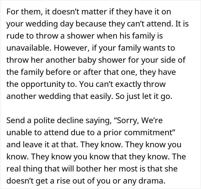 Text discussing issues when the groom&rsquo;s brother brings drama and throws a baby shower on the wedding day.
