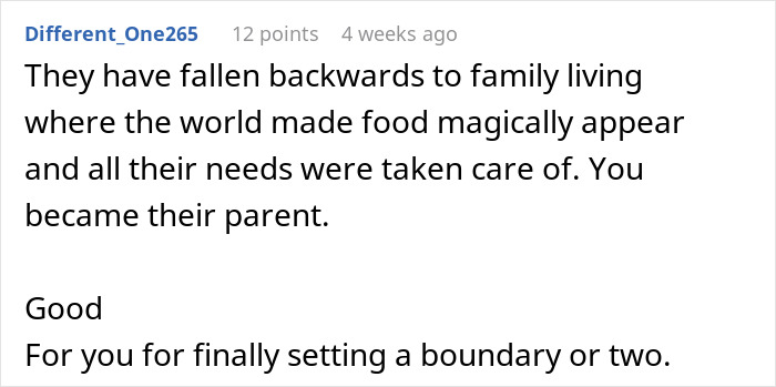Comment text about roommates relying on a woman for favors, highlighting her setting boundaries and ignoring their calls.