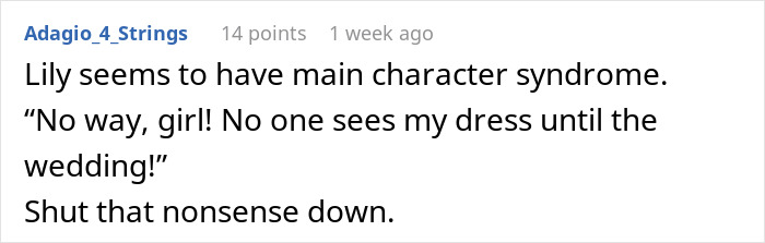 Comment discussing an attention-seeking mom wanting to dress her 3-year-old daughter in the same wedding dress as the bride.