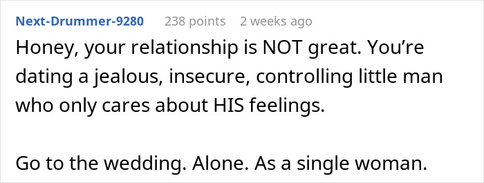 Screenshot of a social media comment calling out a man who can&rsquo;t handle his girlfriend doing maid of honor duties at a wedding.