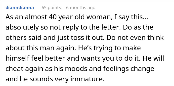 Alt text: Comment warning about a cheater breaking his girlfriend&rsquo;s heart and repeatedly returning as she moves on.