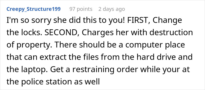 Commenter advising to change locks, press charges for property destruction, and seek restraining order after smashed laptop incident.