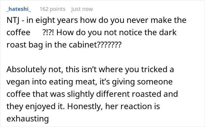 Screenshot of a Reddit comment discussing a coffee snob wife ranting about hating dark roast coffee.