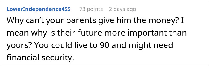 Screenshot of a Reddit comment addressing family conflict about refusing to help a spoiled brother and parents&rsquo; anger.