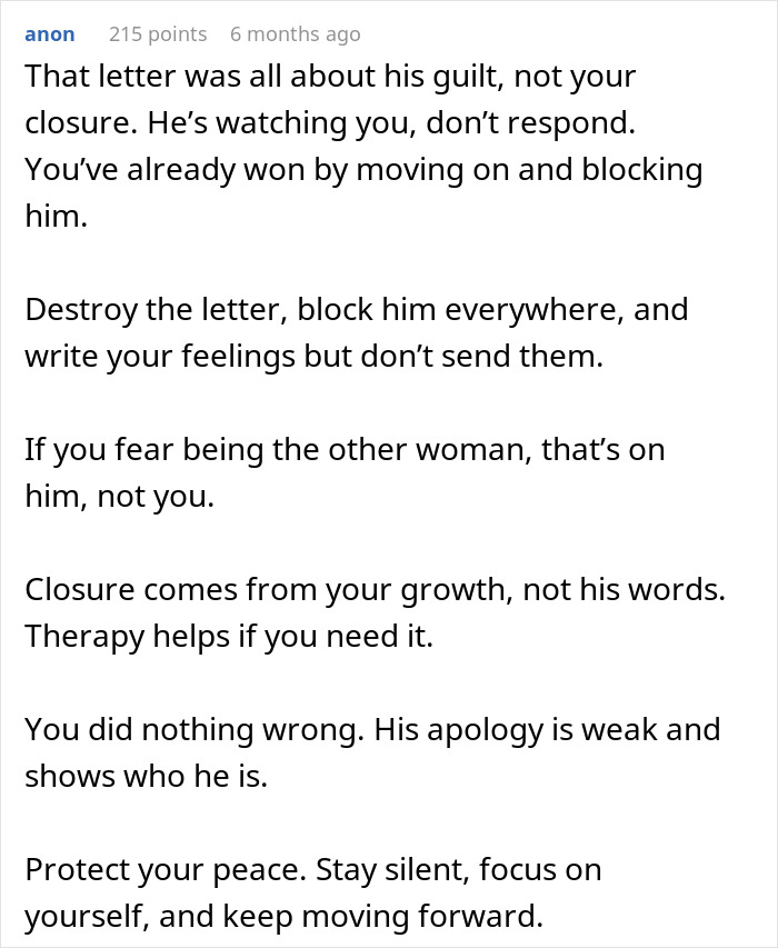 Text advice from anon encouraging emotional healing and moving on after a cheater breaks girlfriend&rsquo;s heart repeatedly.