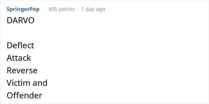 Text explaining DARVO concept with keywords thief girlfriend plays victim and boyfriend disgusted confronting credit card misuse.