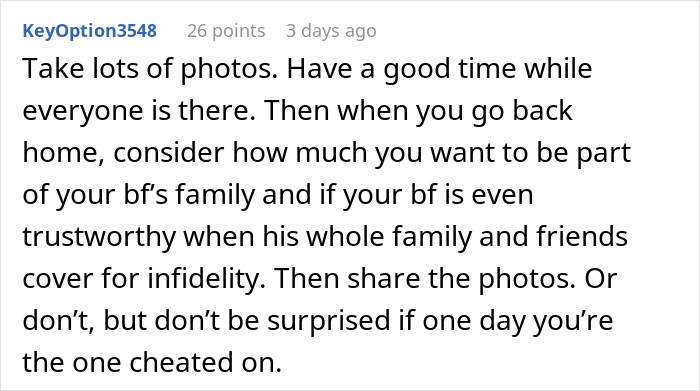 Text post discussing trust issues and family covering for infidelity in relationships involving a son&rsquo;s mistress.