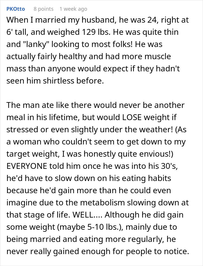 Text excerpt discussing a man with low weight, his eating habits, and how he handles comments from others about his weight.